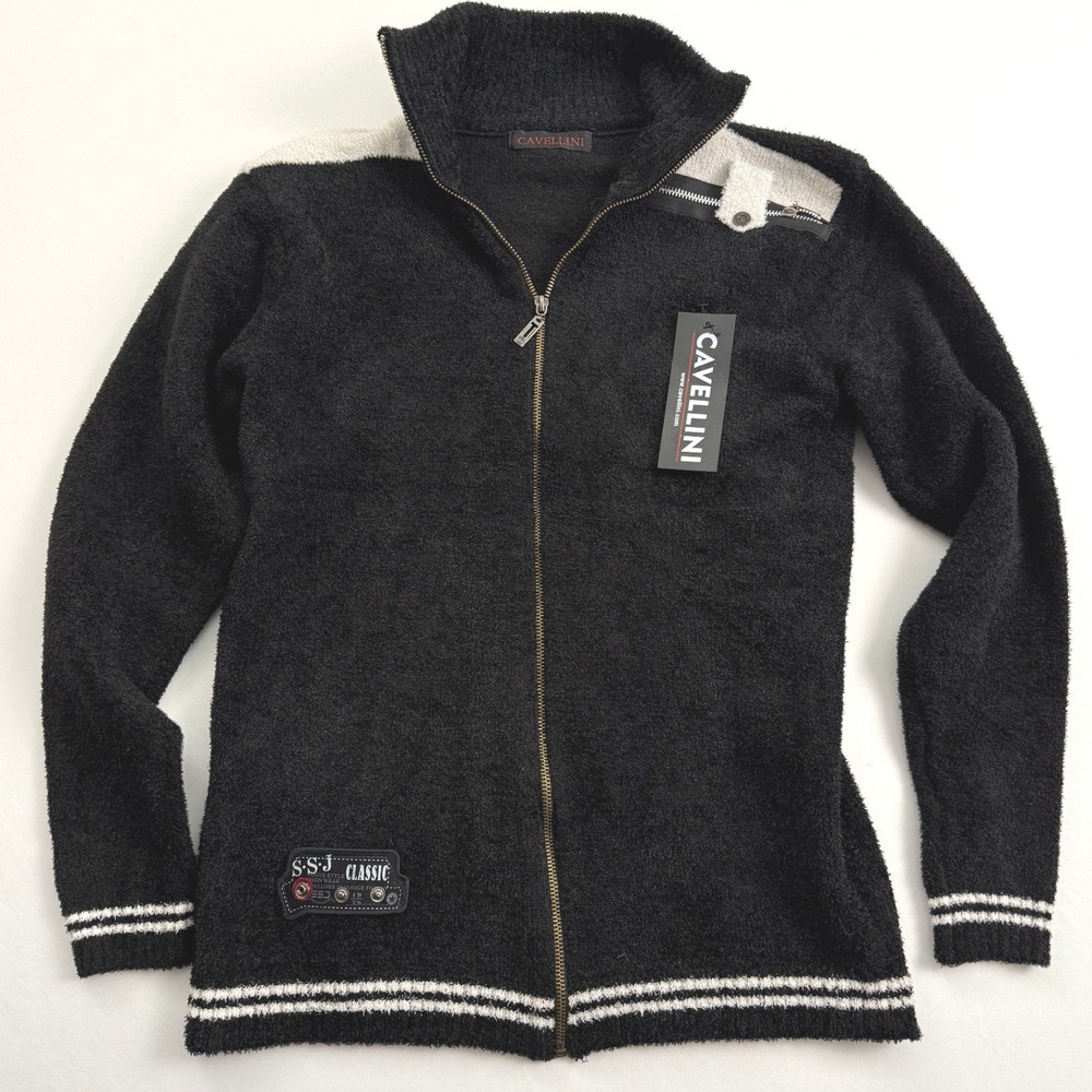 Cavellini Fuzzy Knit Zip Up Sweater Mock‎ Neck Black White Trim Small